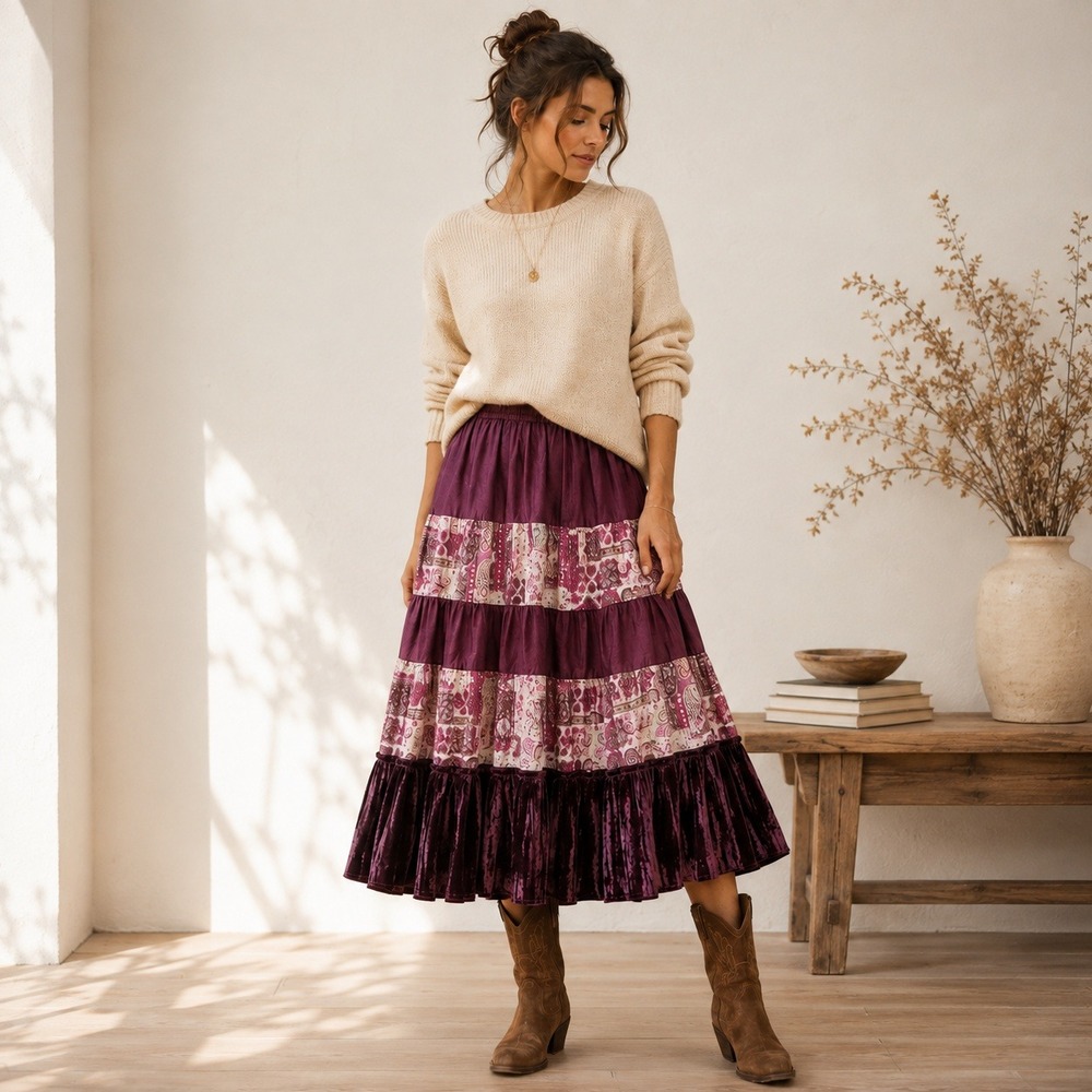 Joe Benbasset Purple Tiered Velvet Midi Skirt Boho Paisley Whimsygoth Large